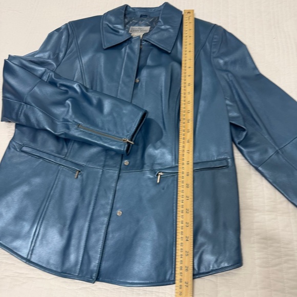 Y2K Metallic Blue Pearl Genuine Leather Blazer Jacket | Size L | Sex & the City - Picture 7 of 10